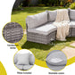 Outdoor sofa set with cushions and blanket on grass, featuring handwoven wicker, pillow included, washable covers, and 150kg capacity.