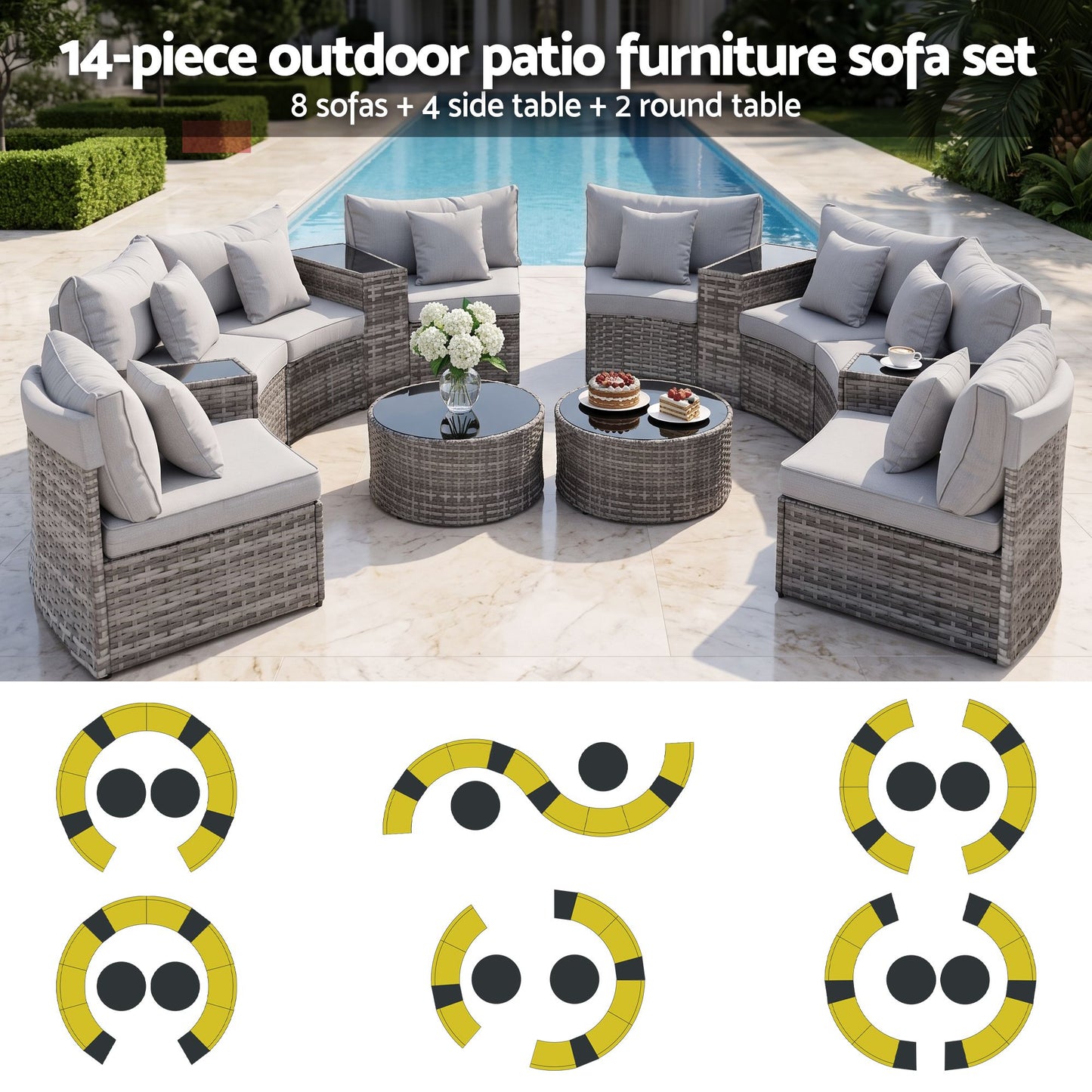 Canmore 8-Seater Outdoor Sofa Set 14-Piece Table Chair Set Rattan Patio Furniture - Grey
