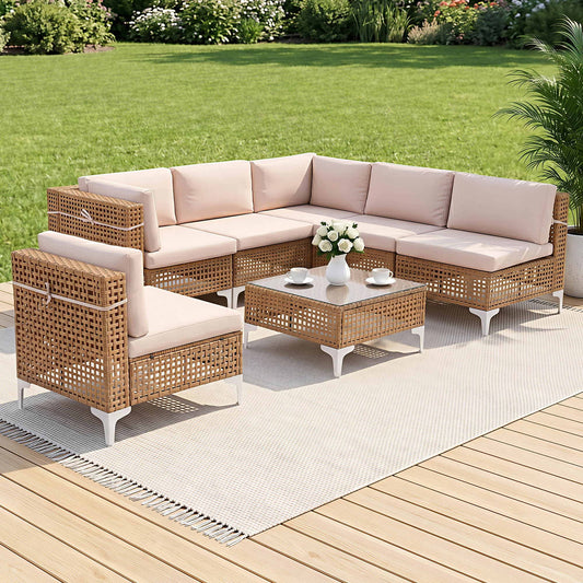 Noriel 6-Seater Outdoor Sofa Set Table Chair Set Garden Rattan Patio Furniture 7-Piece - Beige