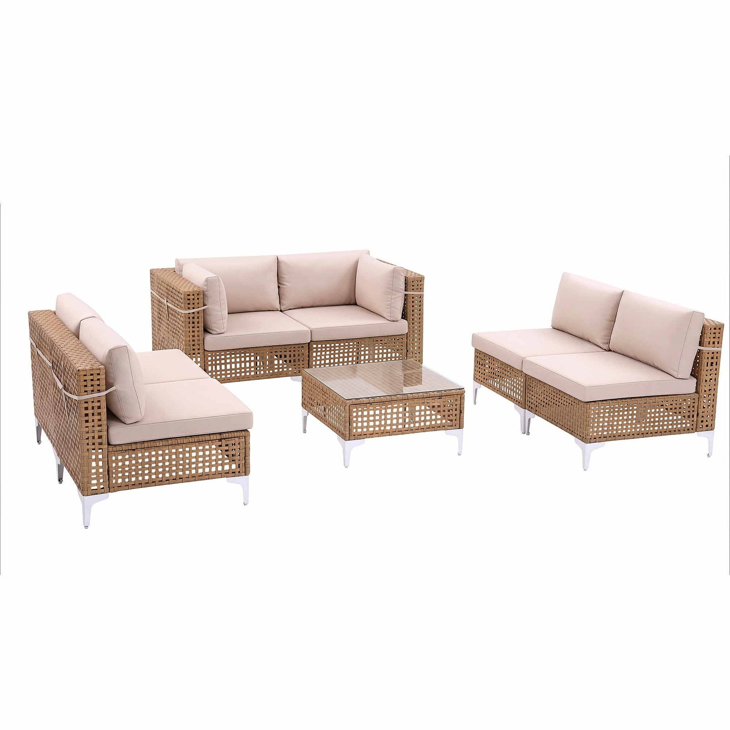 Noriel 6-Seater Outdoor Sofa Set Table Chair Set Garden Rattan Patio Furniture 7-Piece - Beige