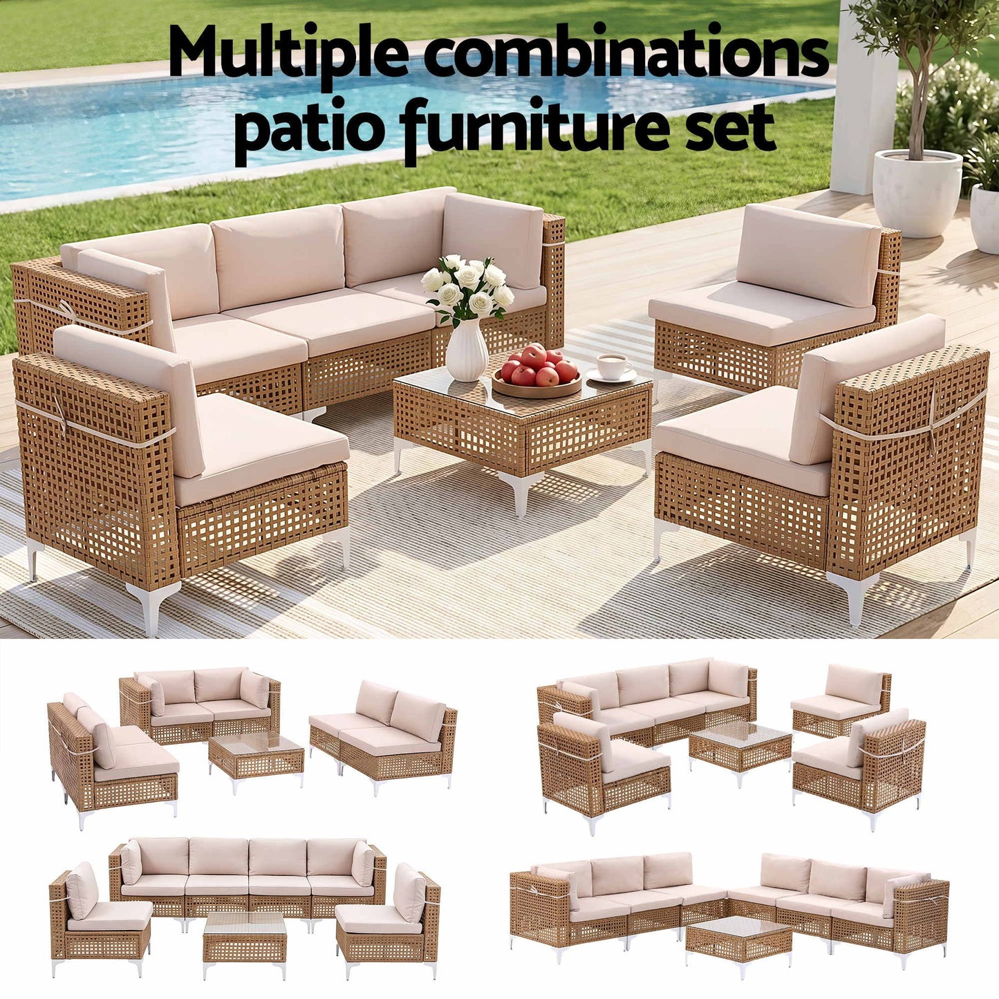 Noriel 6-Seater Outdoor Sofa Set Table Chair Set Garden Rattan Patio Furniture 7-Piece - Beige