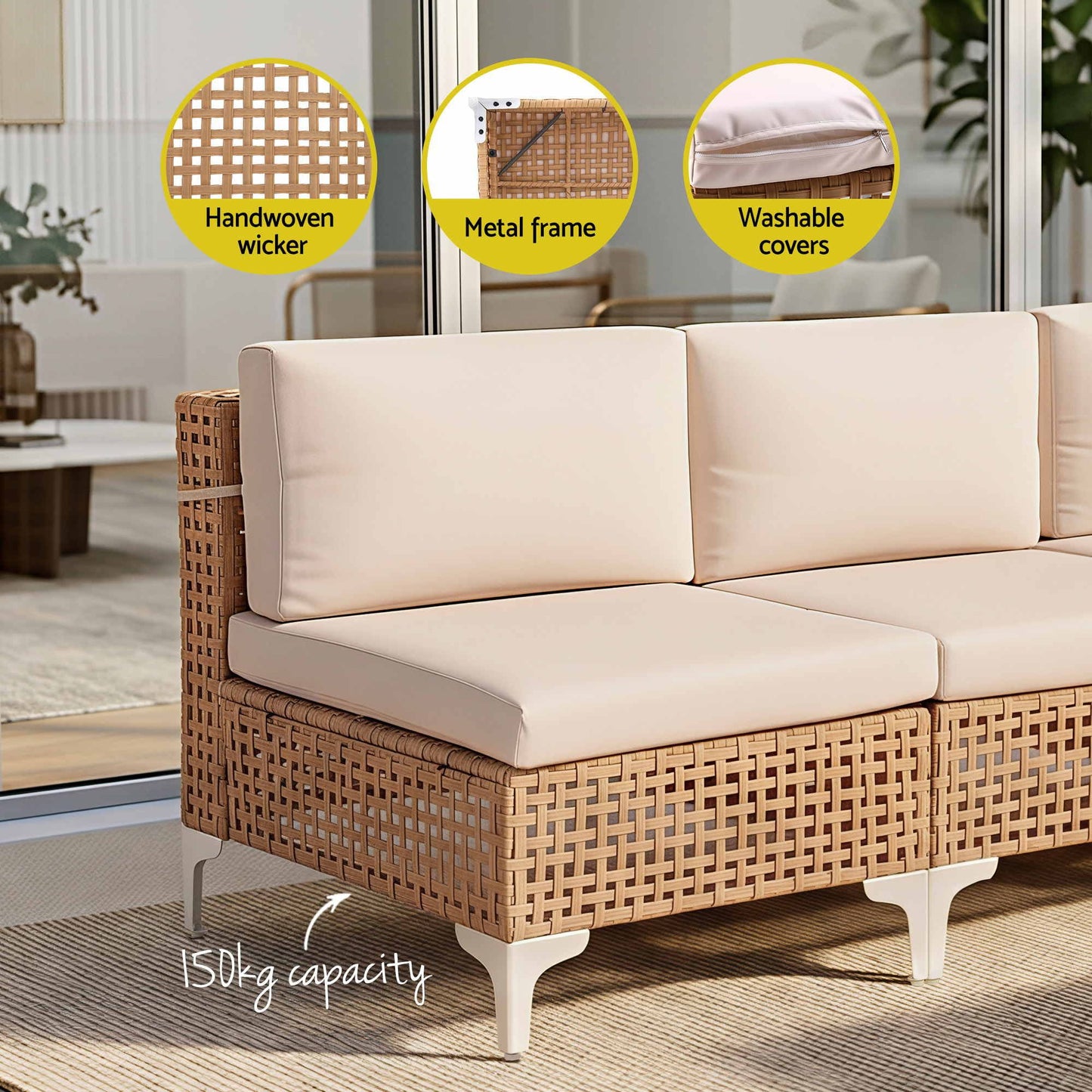 Noriel 6-Seater Outdoor Sofa Set Table Chair Set Garden Rattan Patio Furniture 7-Piece - Beige