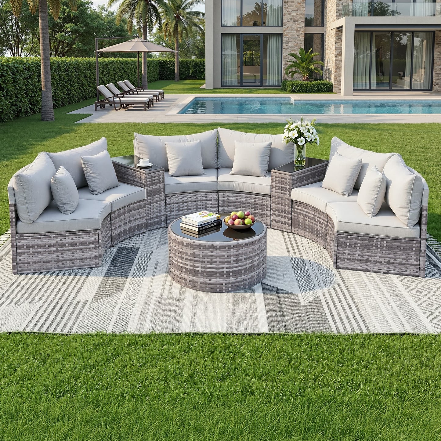Perrin 6-Seater Outdoor Sofa Set Table Chair Set Garden Rattan Patio Furniture 9-Piece - Grey
