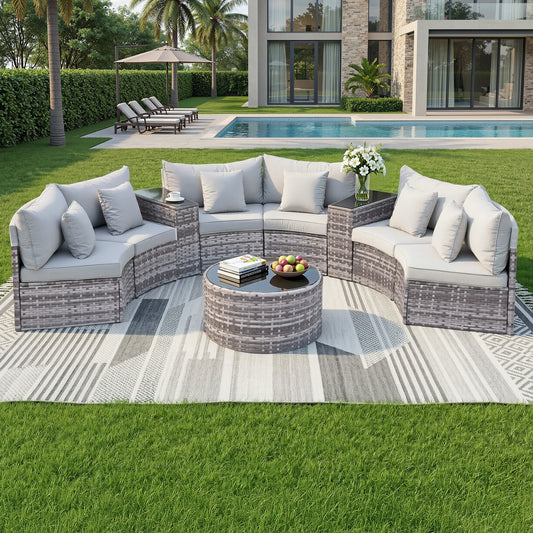 Perrin 6-Seater Outdoor Sofa Set Table Chair Set Garden Rattan Patio Furniture 9-Piece - Grey