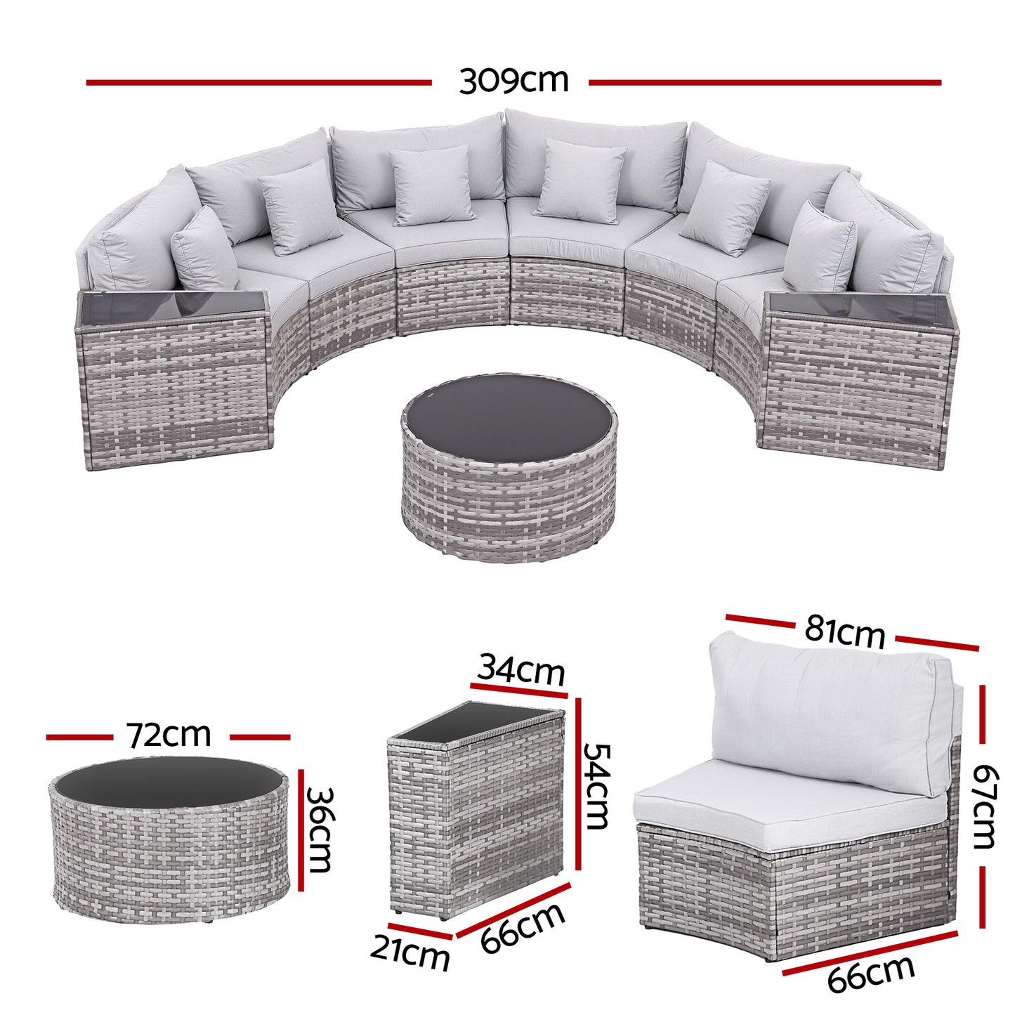 Perrin 6-Seater Outdoor Sofa Set Table Chair Set Garden Rattan Patio Furniture 9-Piece - Grey