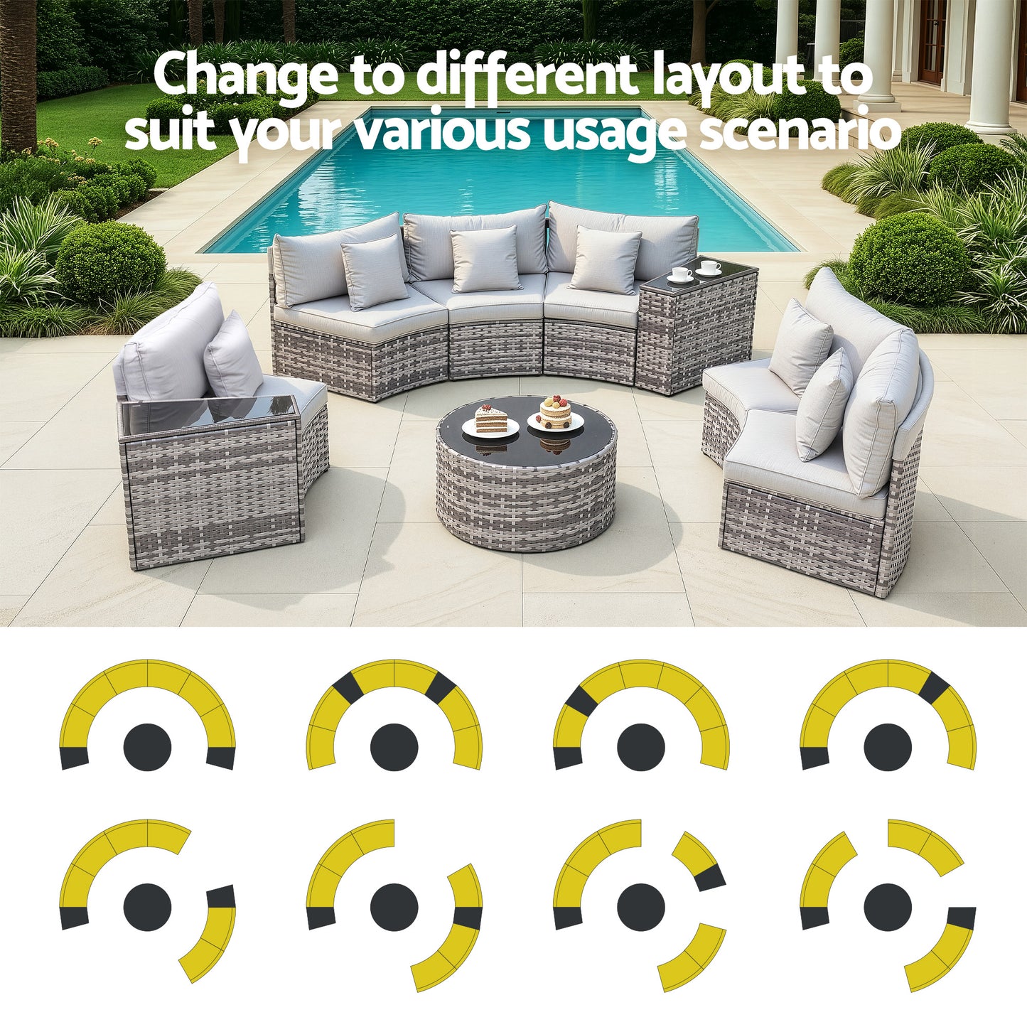 Perrin 6-Seater Outdoor Sofa Set Table Chair Set Garden Rattan Patio Furniture 9-Piece - Grey