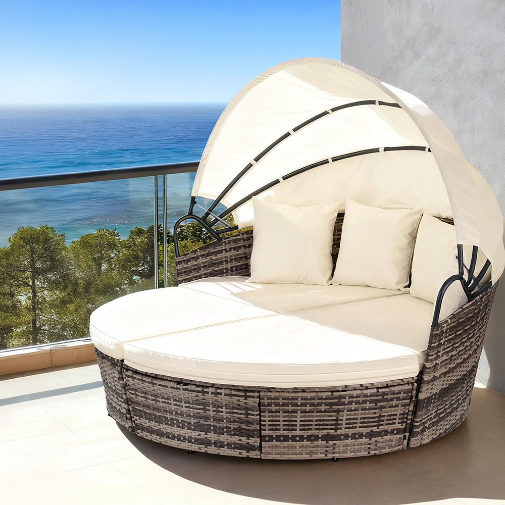 Mavros Outdoor Day Bed Sun Lounge Setting Wicker Lounger Furniture Patio - Beige