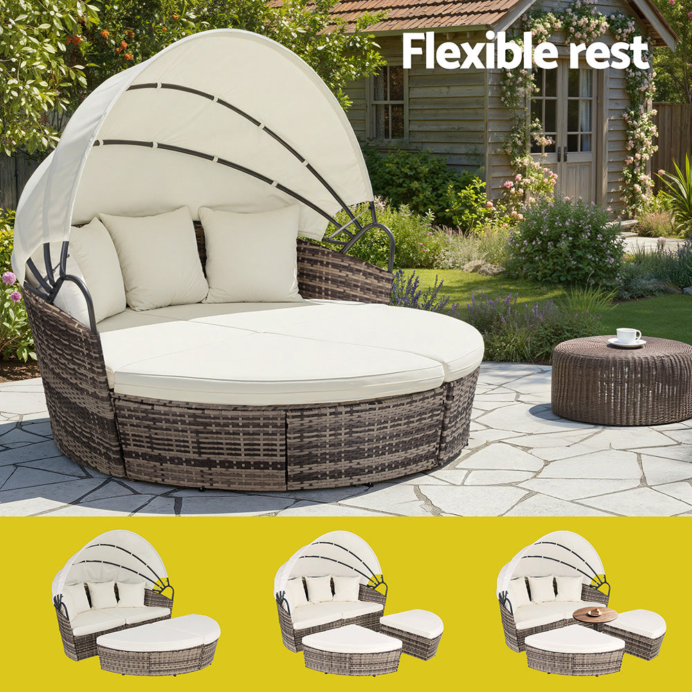Mavros Outdoor Day Bed Sun Lounge Setting Wicker Lounger Furniture Patio - Beige