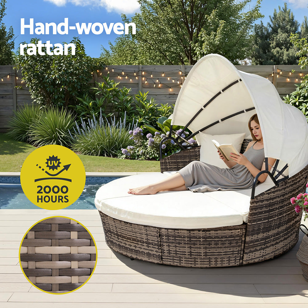 Mavros Outdoor Day Bed Sun Lounge Setting Wicker Lounger Furniture Patio - Beige
