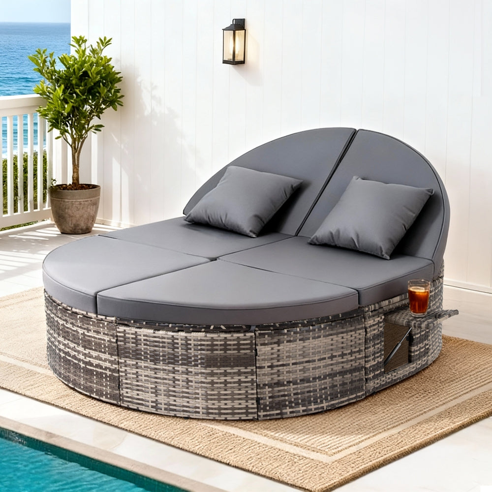 Eadburh Outdoor Day Bed Sun Lounge Setting Wicker Lounger Patio Furniture w/ Retractable Side Tray - Grey