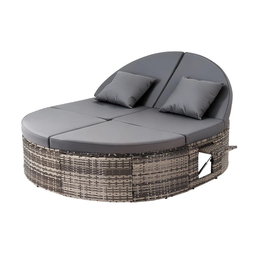 Eadburh Outdoor Day Bed Sun Lounge Setting Wicker Lounger Patio Furniture w/ Retractable Side Tray - Grey