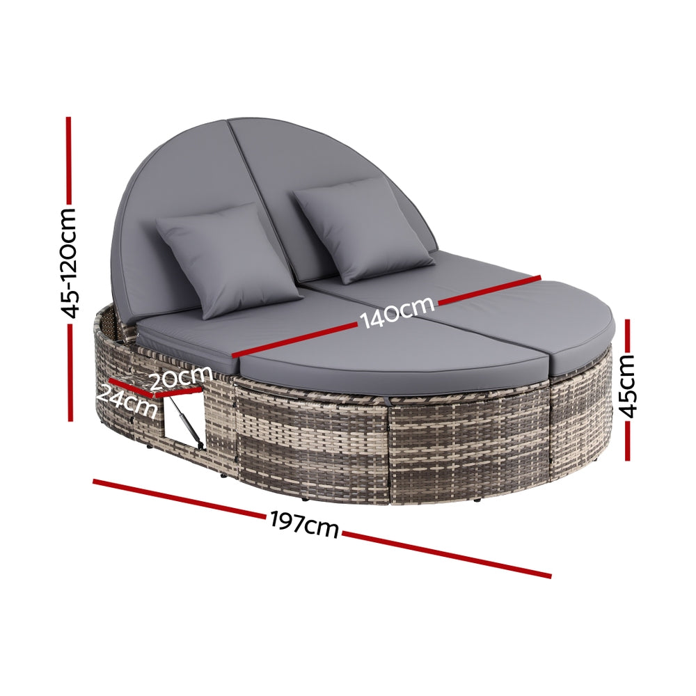 Eadburh Outdoor Day Bed Sun Lounge Setting Wicker Lounger Patio Furniture w/ Retractable Side Tray - Grey