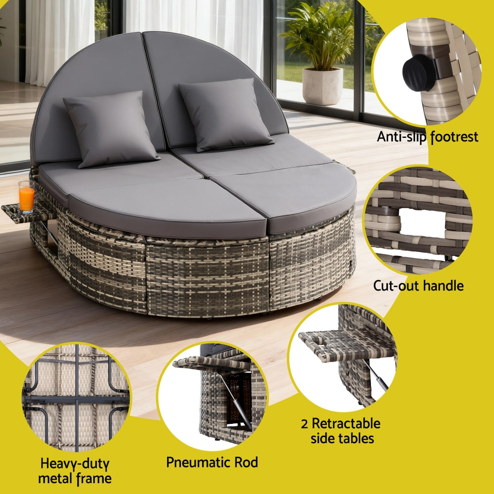 Eadburh Outdoor Day Bed Sun Lounge Setting Wicker Lounger Patio Furniture w/ Retractable Side Tray - Grey