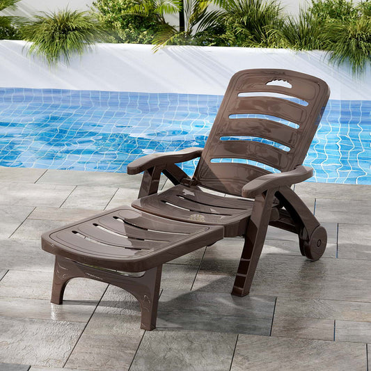 Nemy Sun Lounger Folding Lounge Chair Wheels Patio Outdoor Furniture - Brown