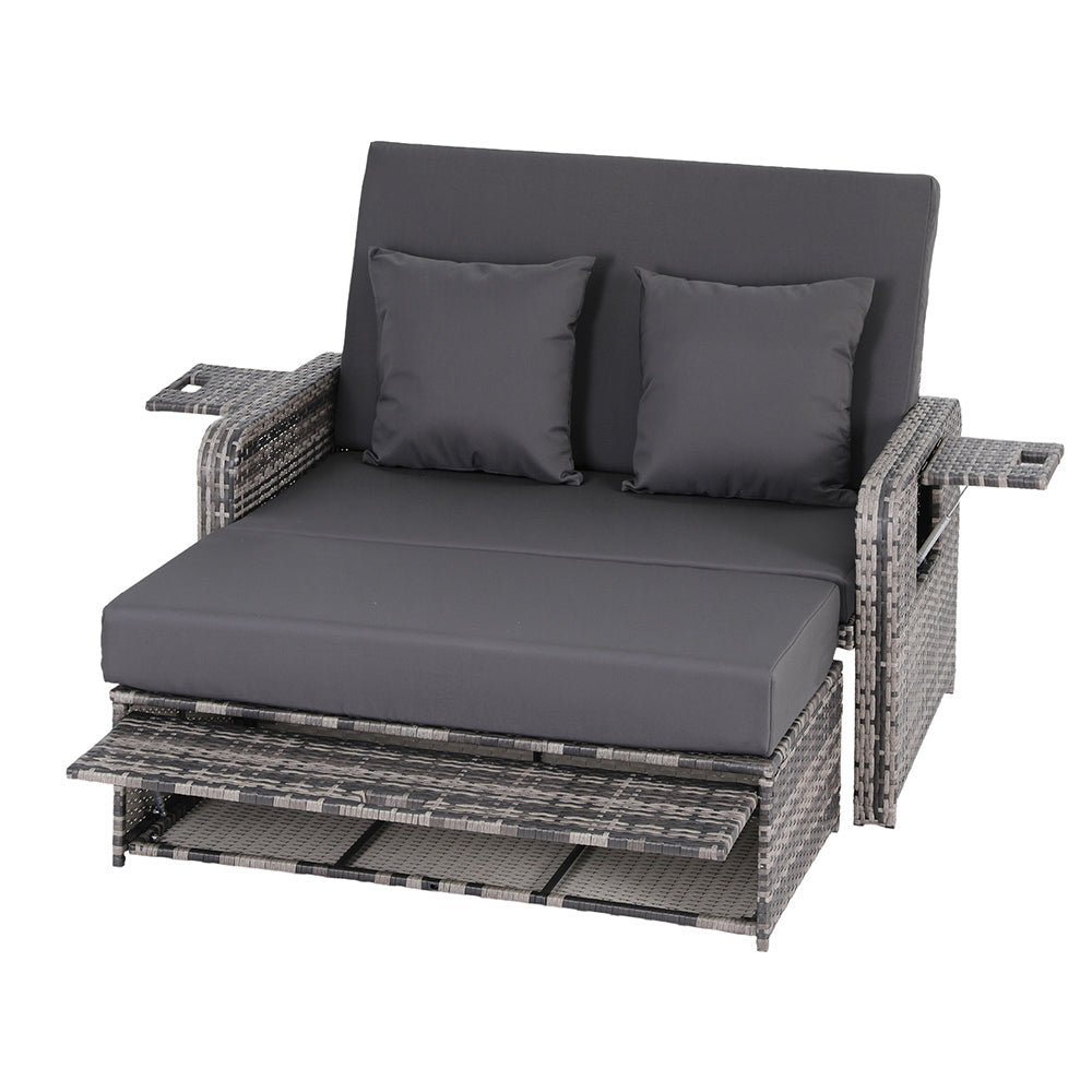 Gray outdoor lounge chair with cushions on a white background
