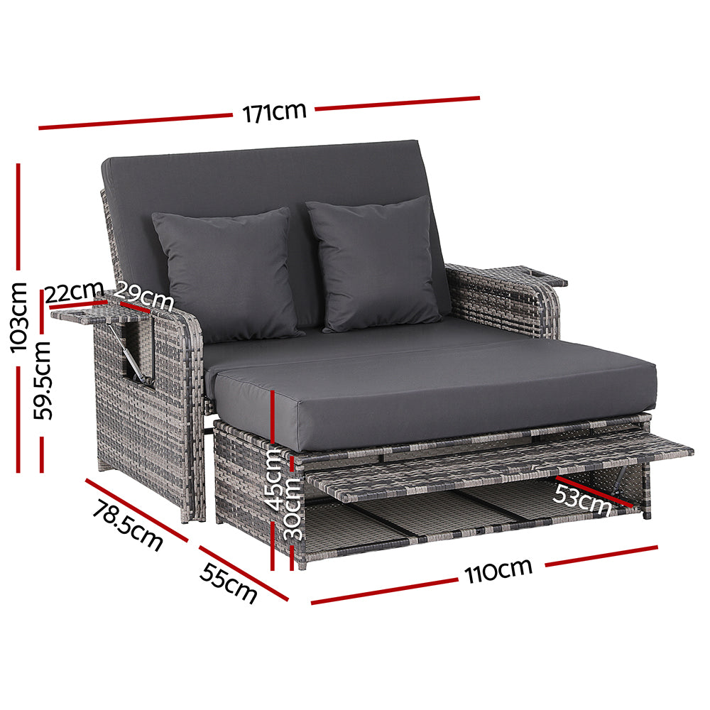 Gray outdoor sofa with cushions and dimensions marked on a white background