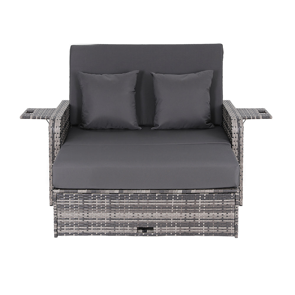 Gray outdoor sofa with cushions on a white background