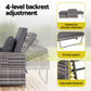 Outdoor furniture with adjustable backrest on a wooden deck, showing different positions and features.