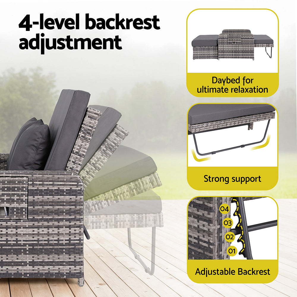 Outdoor furniture with adjustable backrest on a wooden deck, showing different positions and features.