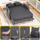 Gray sofa bed with measurements and features displayed on a wooden floor.