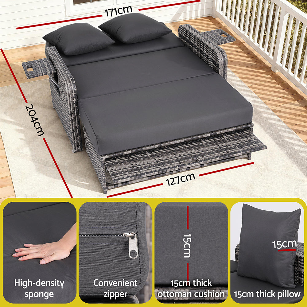 Gray sofa bed with measurements and features displayed on a wooden floor.
