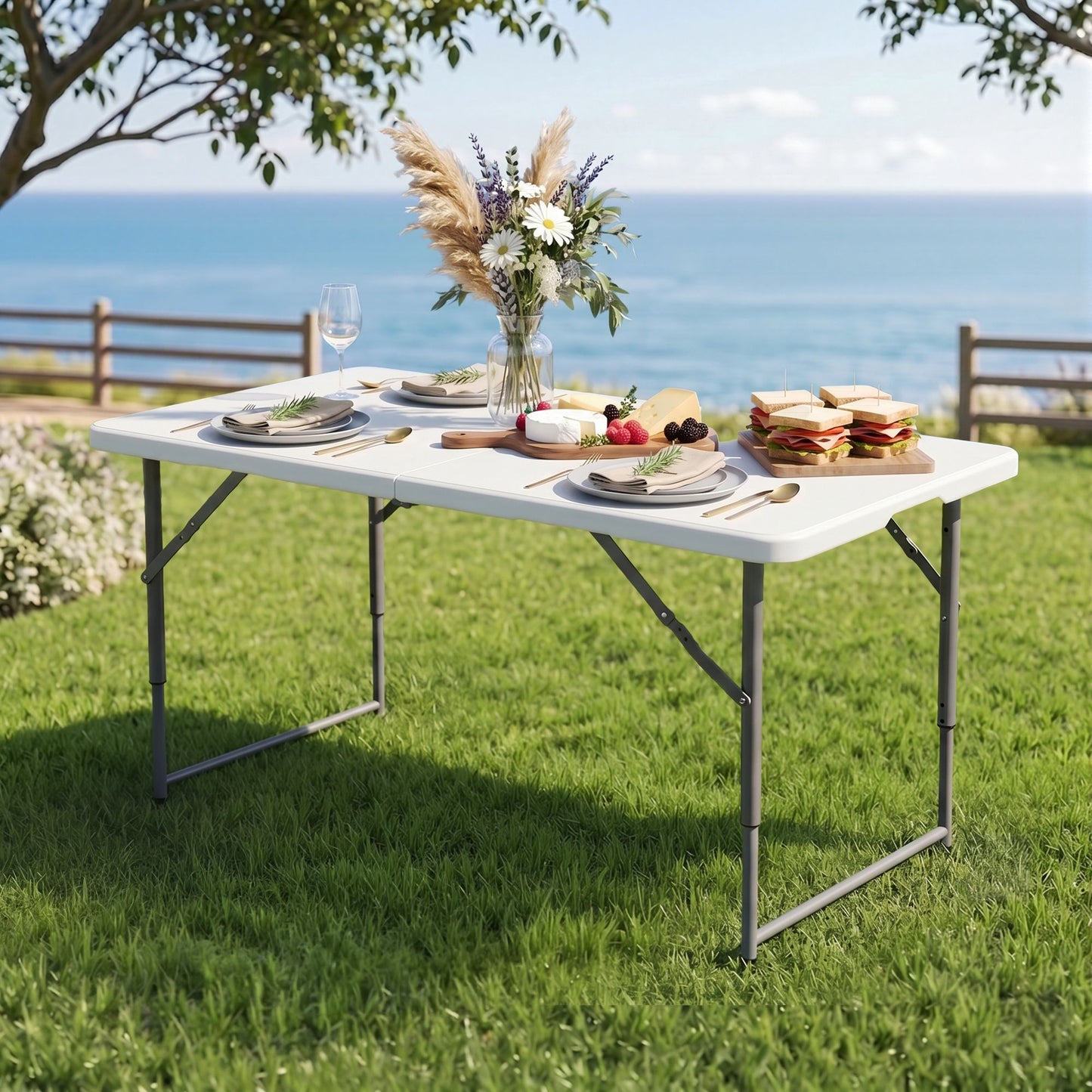 123cm Folding Table Portable Fold-in-Half with Handle Camping Picnic Adjustable Height