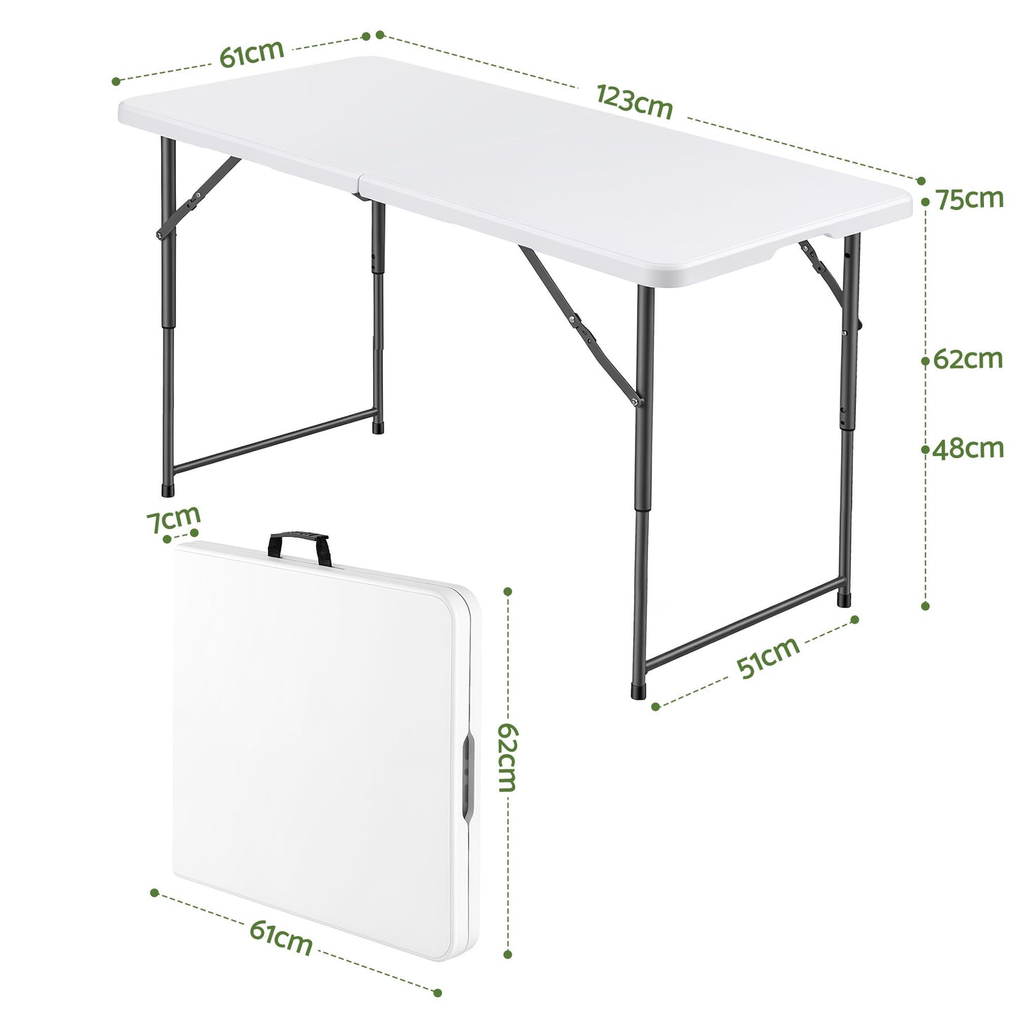 123cm Folding Table Portable Fold-in-Half with Handle Camping Picnic Adjustable Height