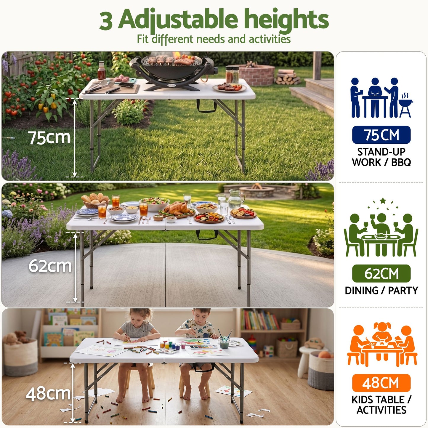 123cm Folding Table Portable Fold-in-Half with Handle Camping Picnic Adjustable Height