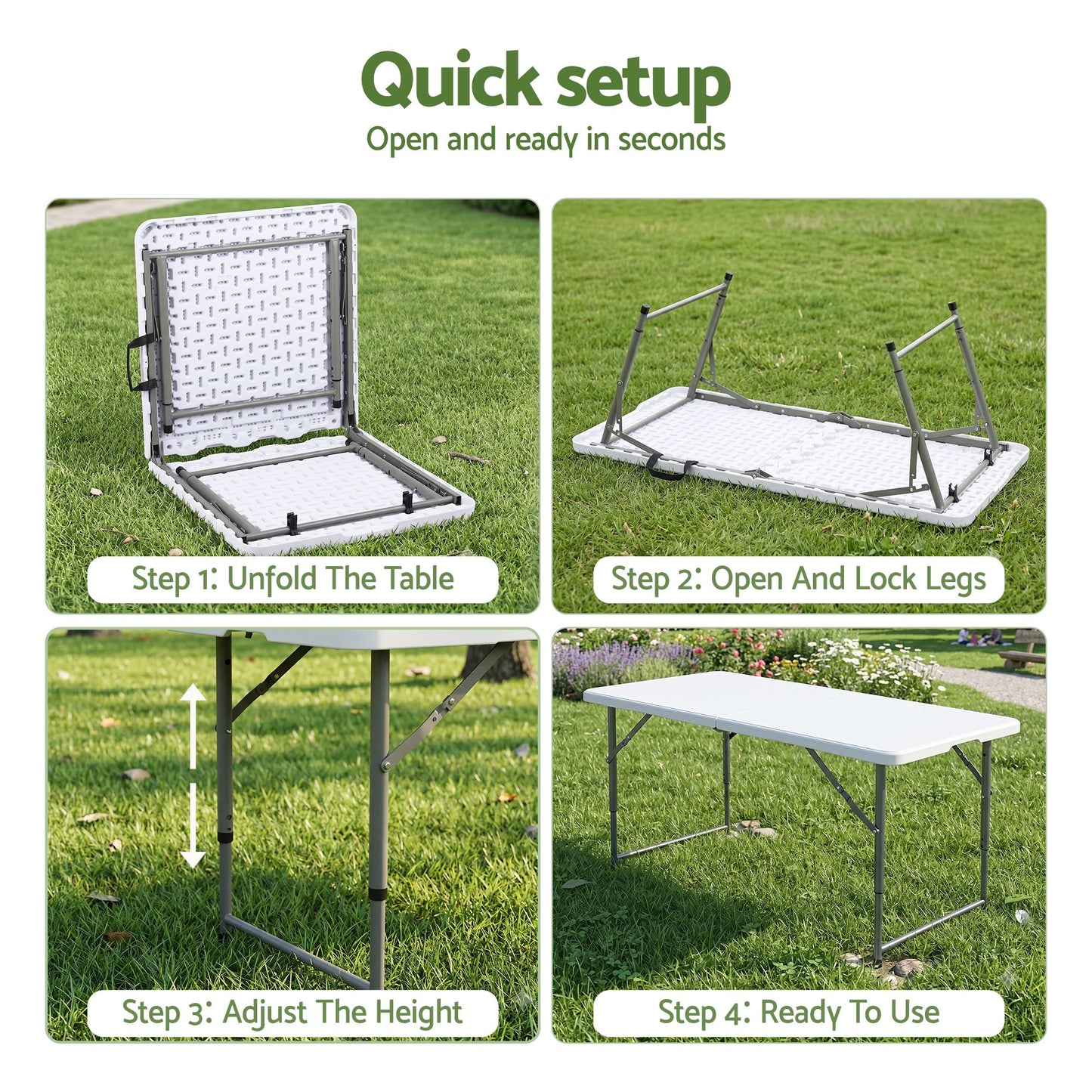 123cm Folding Table Portable Fold-in-Half with Handle Camping Picnic Adjustable Height