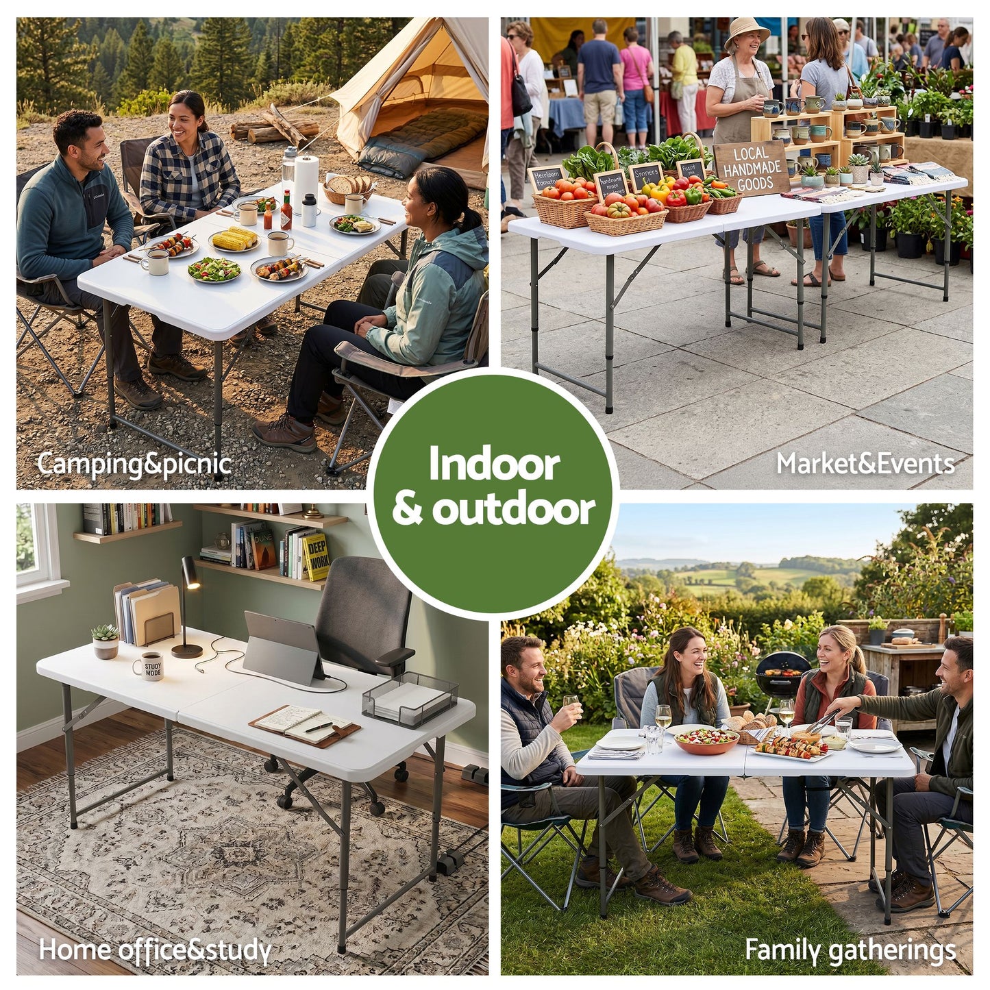 123cm Folding Table Portable Fold-in-Half with Handle Camping Picnic Adjustable Height