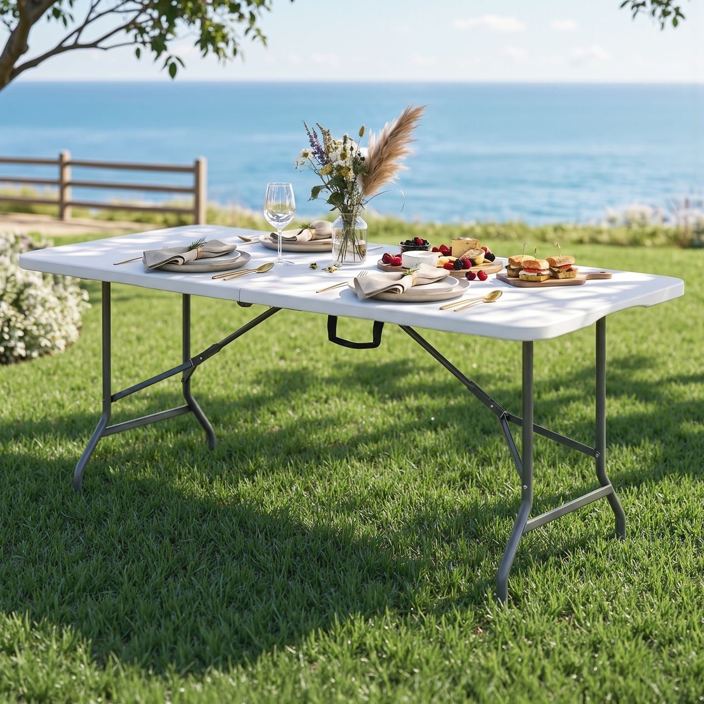 180cm Folding Table Portable Fold-in-Half with Handle Camping Picnic - White