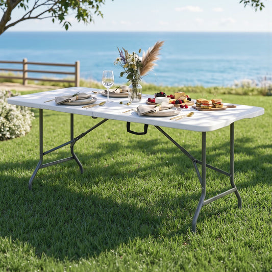 180cm Folding Table Portable Fold-in-Half with Handle Camping Picnic - White