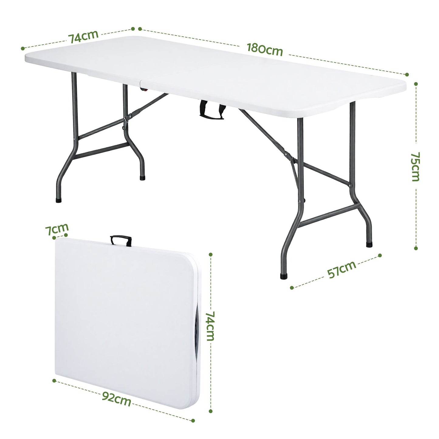 180cm Folding Table Portable Fold-in-Half with Handle Camping Picnic - White