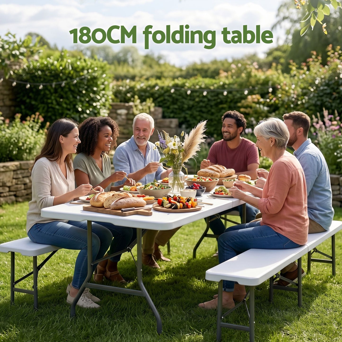180cm Folding Table Portable Fold-in-Half with Handle Camping Picnic - White