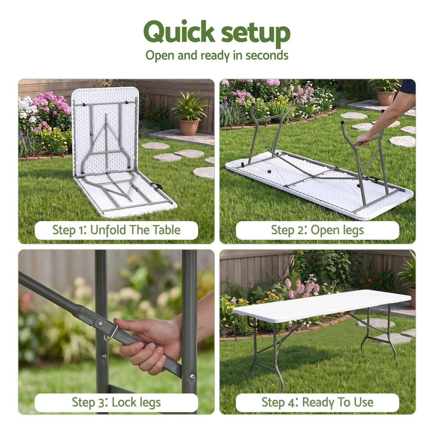 180cm Folding Table Portable Fold-in-Half with Handle Camping Picnic - White