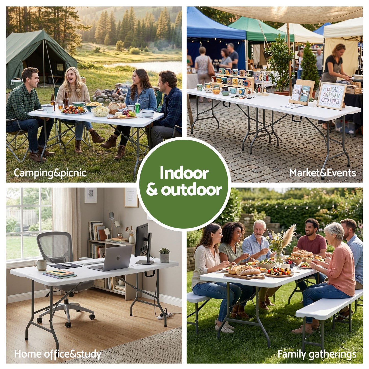 180cm Folding Table Portable Fold-in-Half with Handle Camping Picnic - White