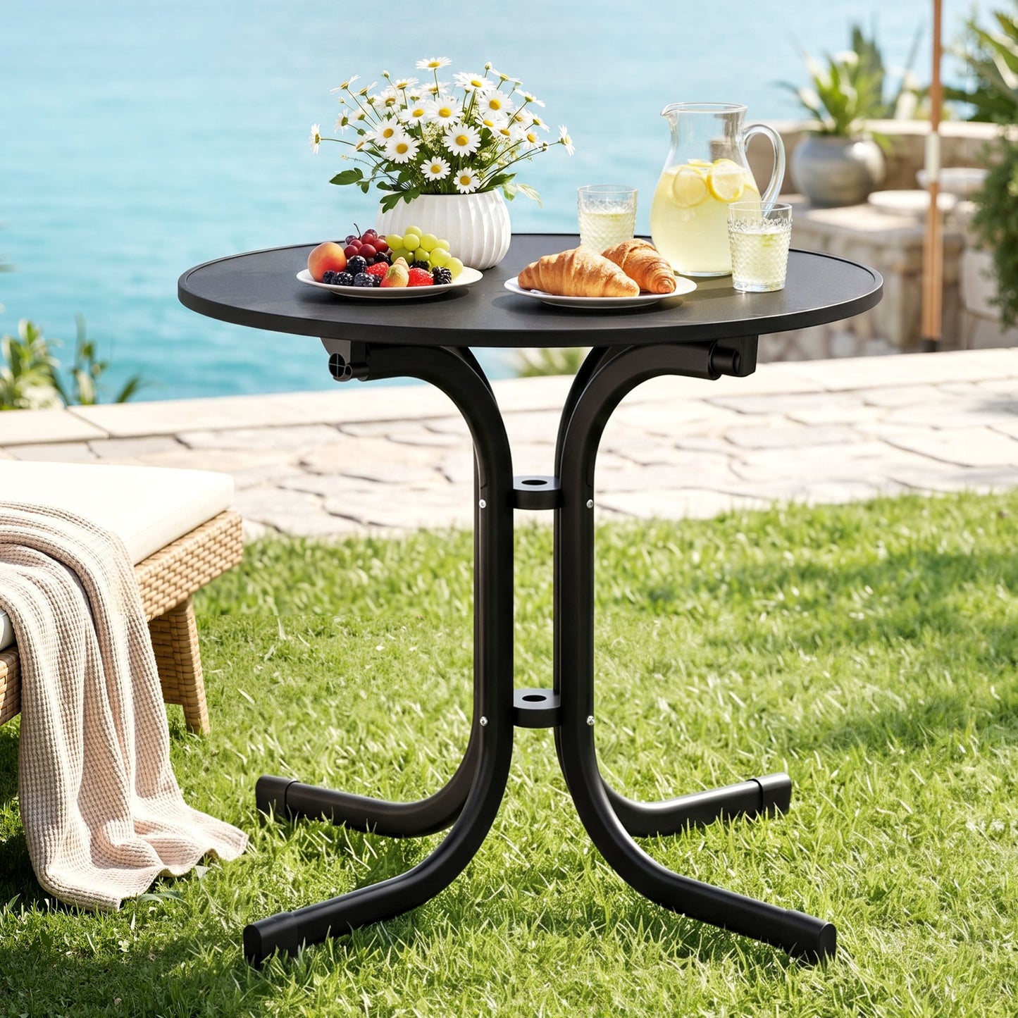 Maylis Outdoor Side Table 80cm Folding Steel Round Bistro Desk Cafe Patio Furniture Black