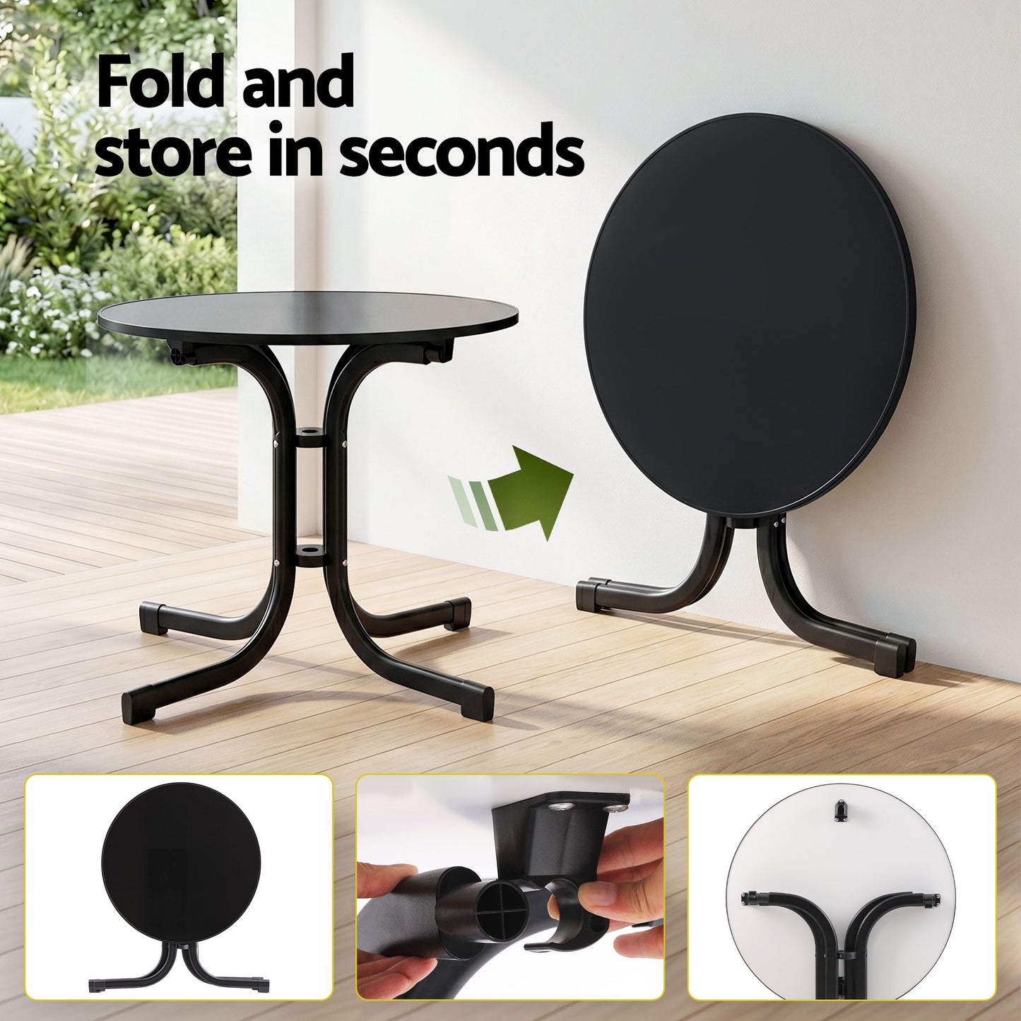 Maylis Outdoor Side Table 80cm Folding Steel Round Bistro Desk Cafe Patio Furniture Black