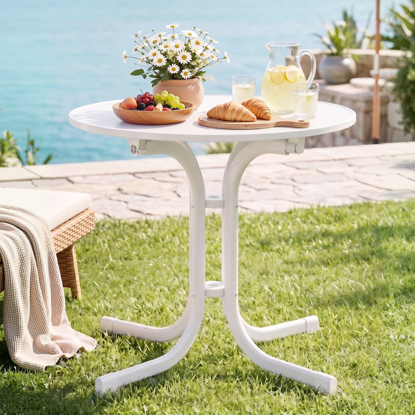Maylis Outdoor Side Table 80cm Folding Steel Round Bistro Desk Cafe Patio Furniture White