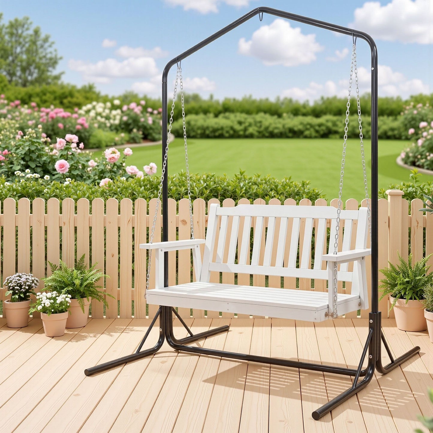 Ulric Wooden 2-Seater Outdoor Swing Chair with Black Stand White Hanging Chair - White