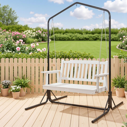 Ulric Wooden 2-Seater Outdoor Swing Chair with Black Stand White Hanging Chair - White
