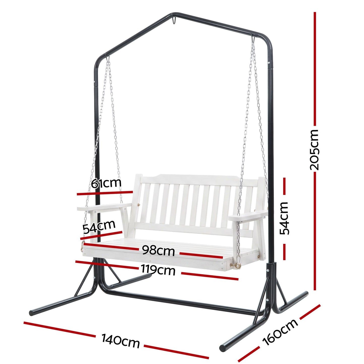 Ulric Wooden 2-Seater Outdoor Swing Chair with Black Stand White Hanging Chair - White