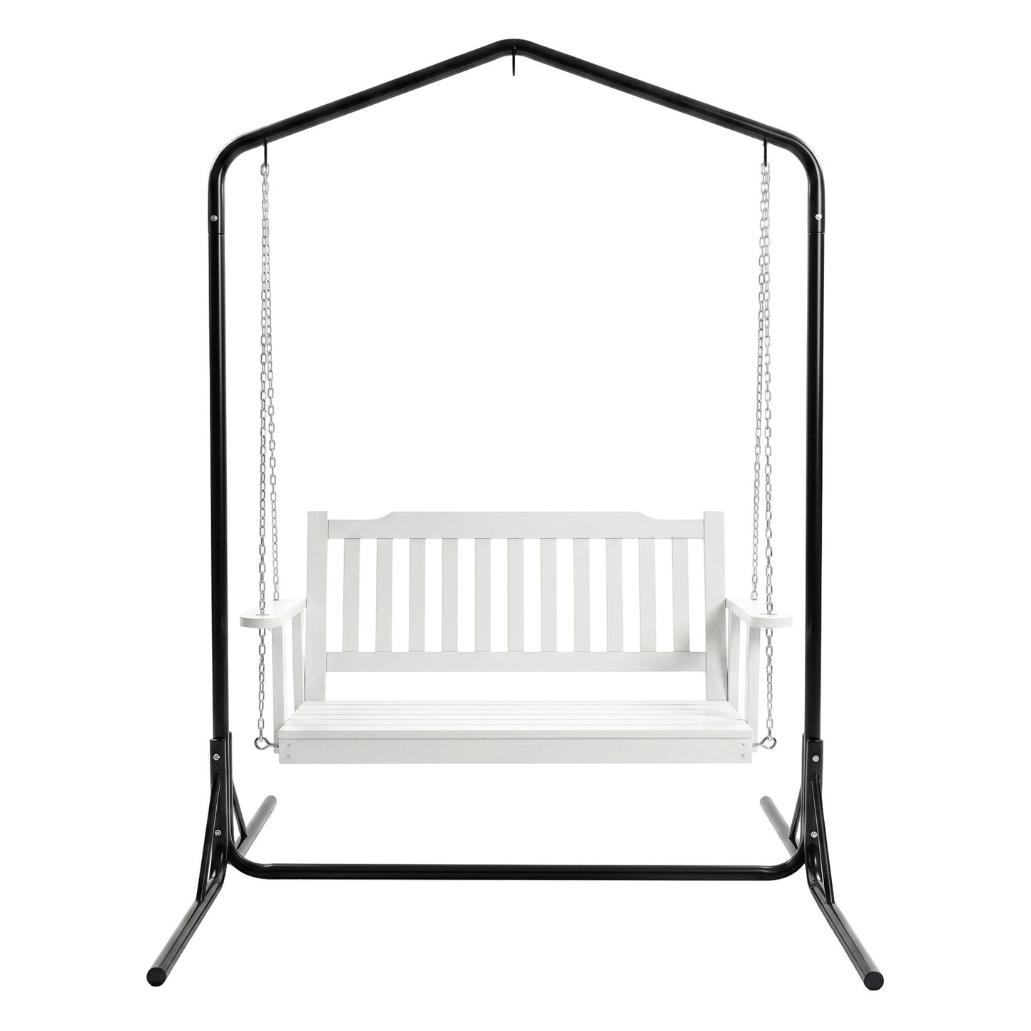 Ulric Wooden 2-Seater Outdoor Swing Chair with Black Stand White Hanging Chair - White