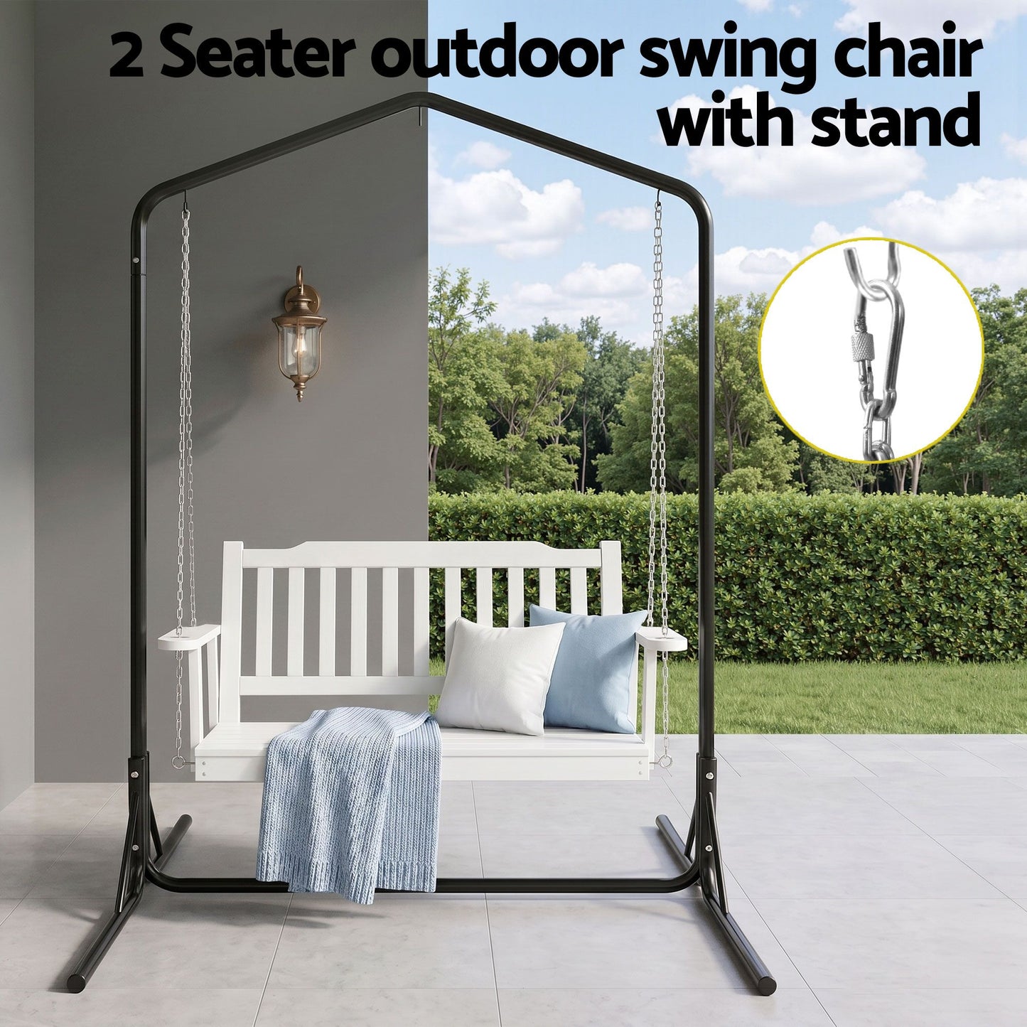 Ulric Wooden 2-Seater Outdoor Swing Chair with Black Stand White Hanging Chair - White