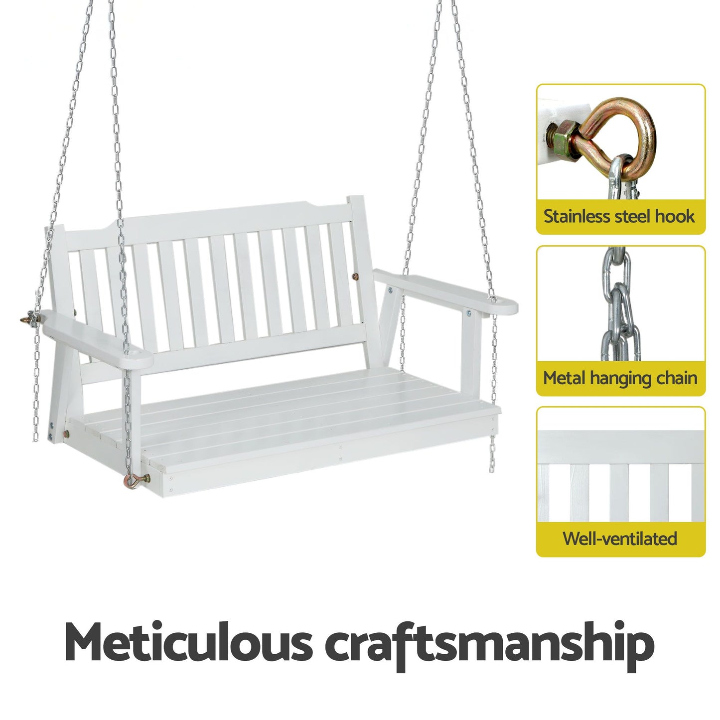 Ulric Wooden 2-Seater Outdoor Swing Chair with Black Stand White Hanging Chair - White