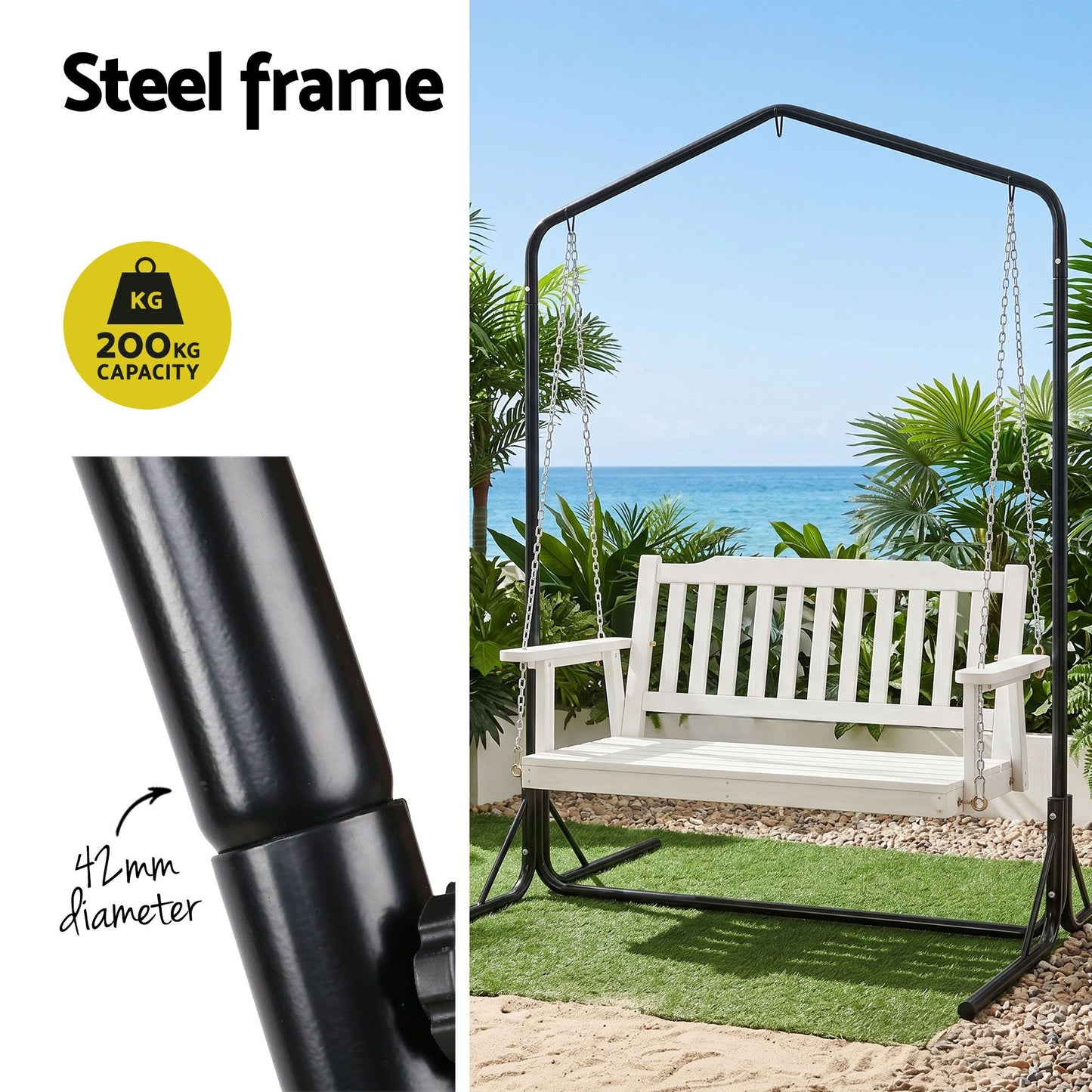 Ulric Wooden 2-Seater Outdoor Swing Chair with Black Stand White Hanging Chair - White