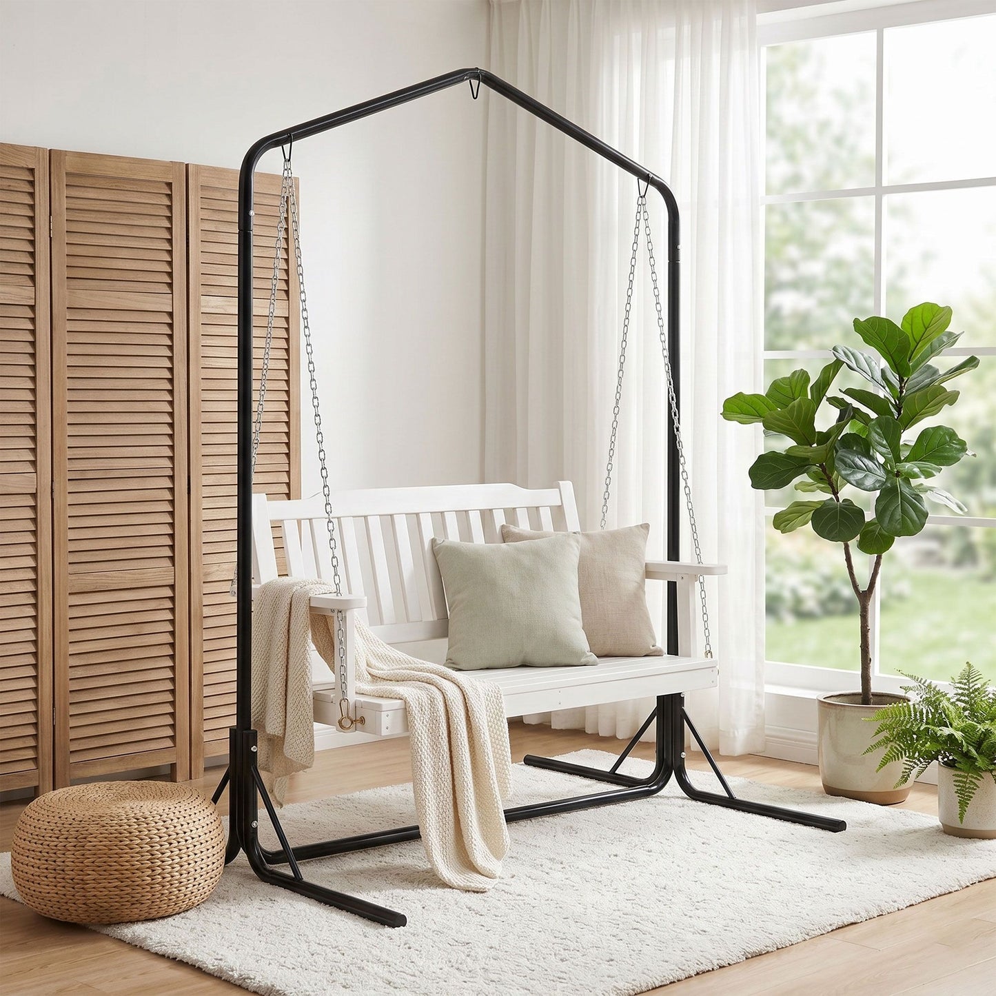 Ulric Wooden 2-Seater Outdoor Swing Chair with Black Stand White Hanging Chair - White