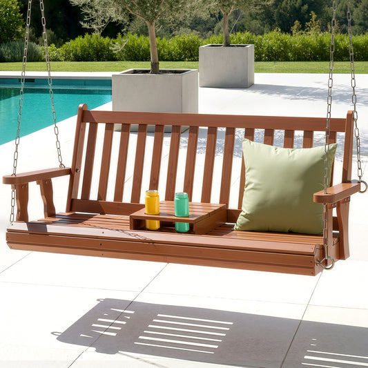 Harlan Porch Outdoor Swing Chair Patio Furniture Wooden Bench 2 Seat Cup Holder - Teak