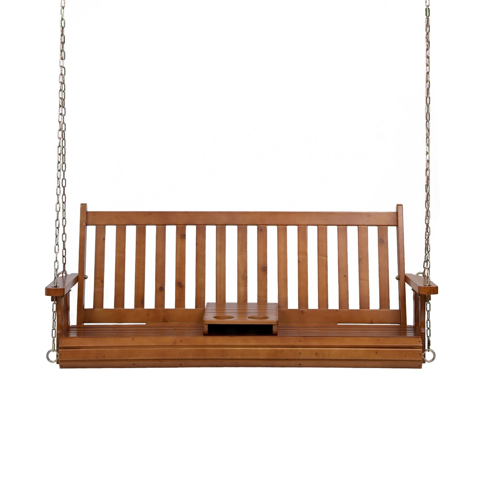 Harlan Porch Outdoor Swing Chair Patio Furniture Wooden Bench 2 Seat Cup Holder - Teak