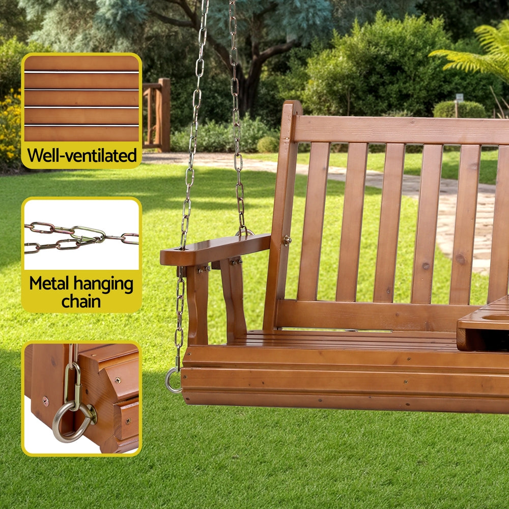 Harlan Porch Outdoor Swing Chair Patio Furniture Wooden Bench 2 Seat Cup Holder - Teak
